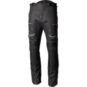 Black technical riding pants with integrated belt loops, reinforced knee panels, and zippered utility pockets, shown against a plain white background.