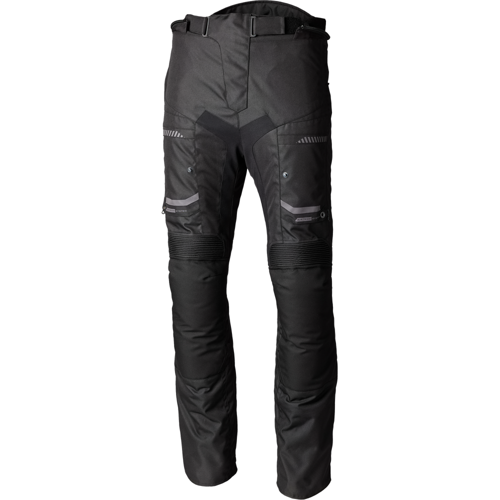 Black technical riding pants with integrated belt loops, reinforced knee panels, and zippered utility pockets, shown against a plain white background.