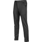 Black riding pants with side pockets and a small white logo on the lower left leg, shown on a plain white background.