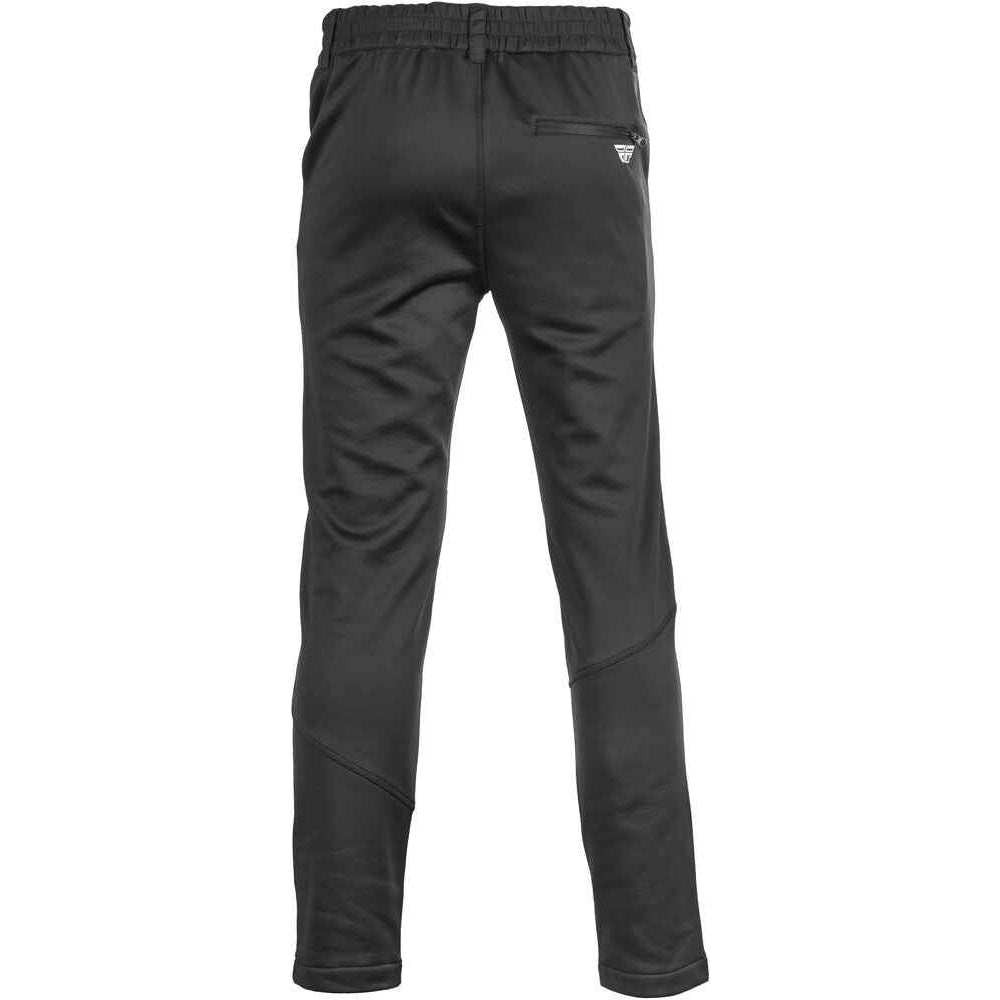 Black athletic pants shown from the back, featuring an elastic waistband, a side pocket, and a small white logo on the upper right hip, set against a plain white background.