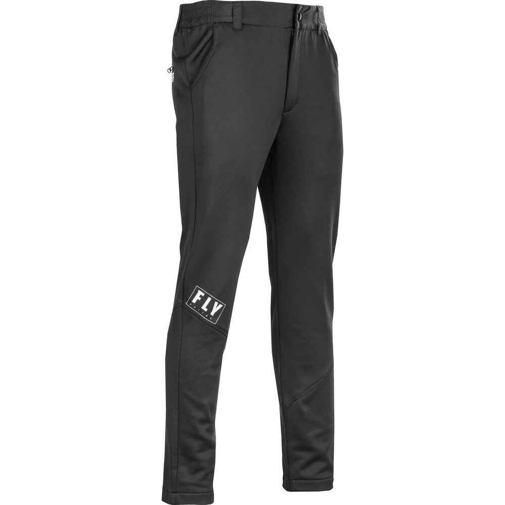 Black Fly Racing athletic pants with a white logo patch on the lower left leg, shown against a plain white background.