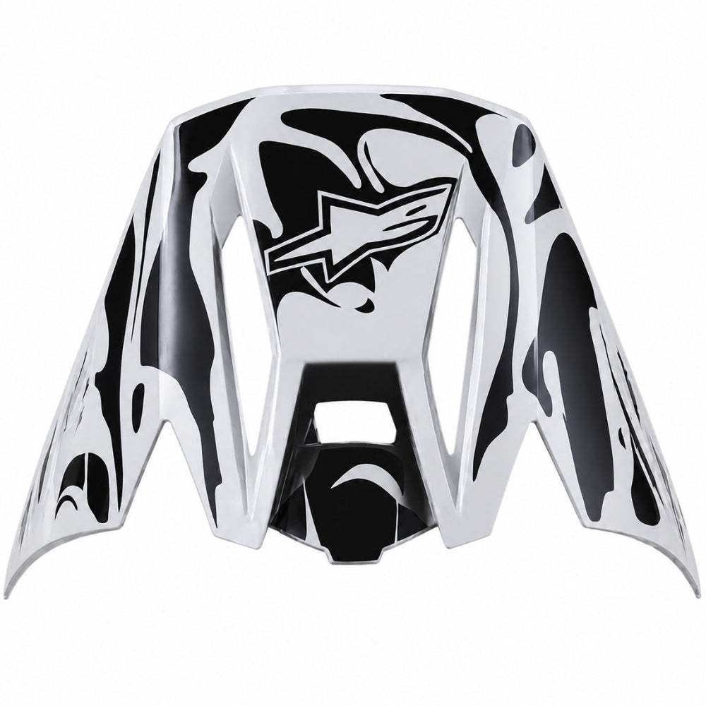 Motorcycle peak visor with black and white design on a white background