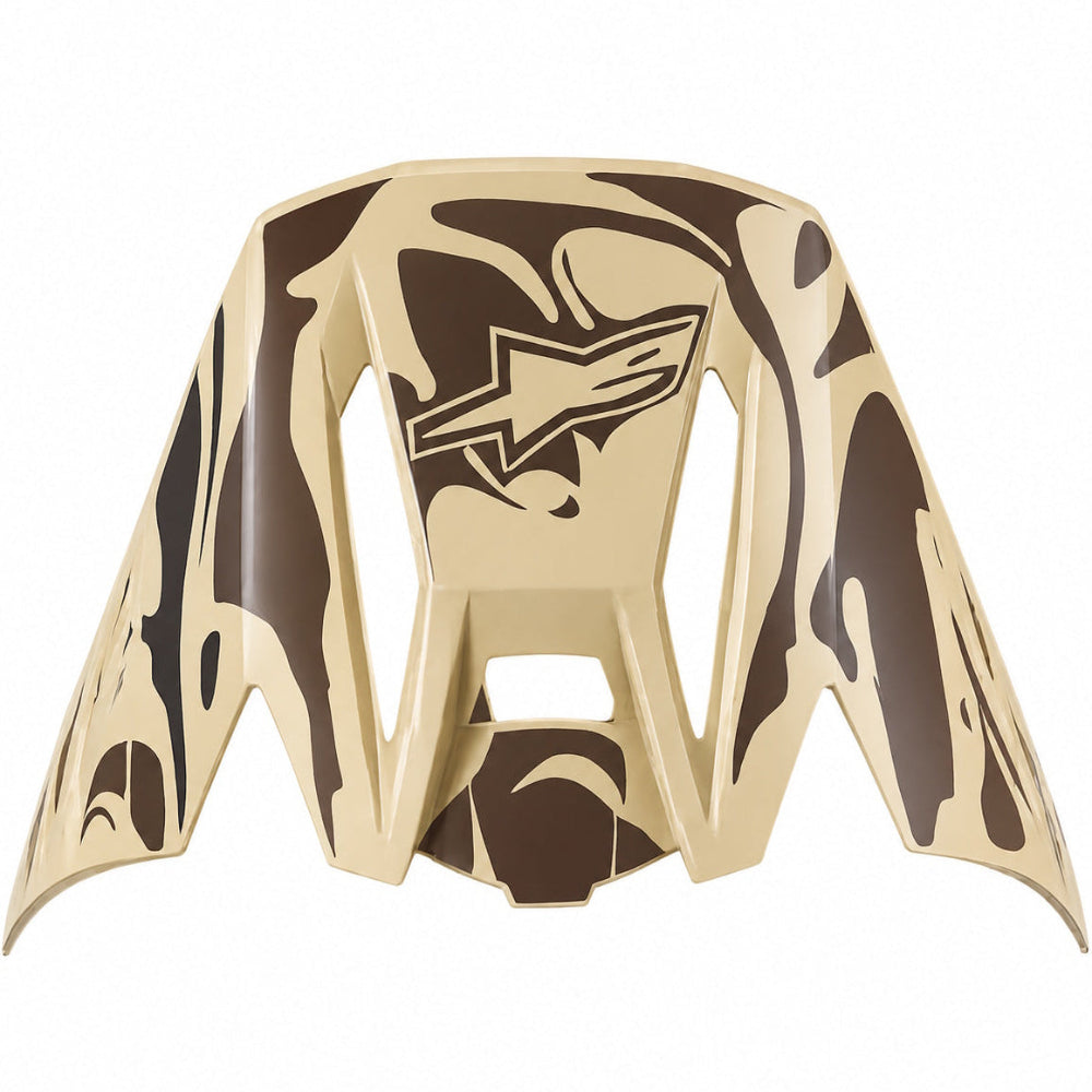 Gold and brown motorcycle Peak Visor with a logo on a white background