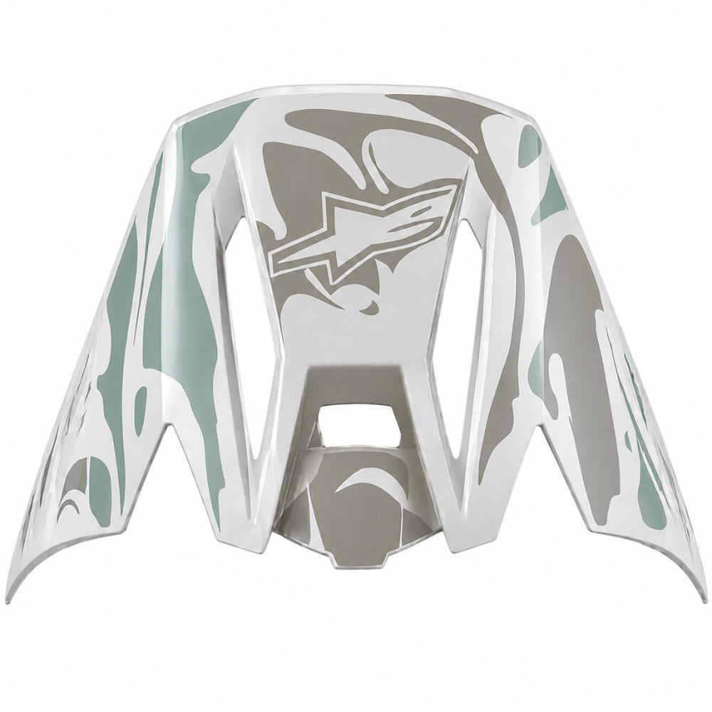 Motorcycle peak visor with camouflage pattern and brand logo on a white background