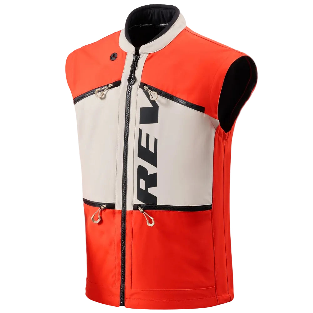 Red and white vest with a brand logo on a light gray background