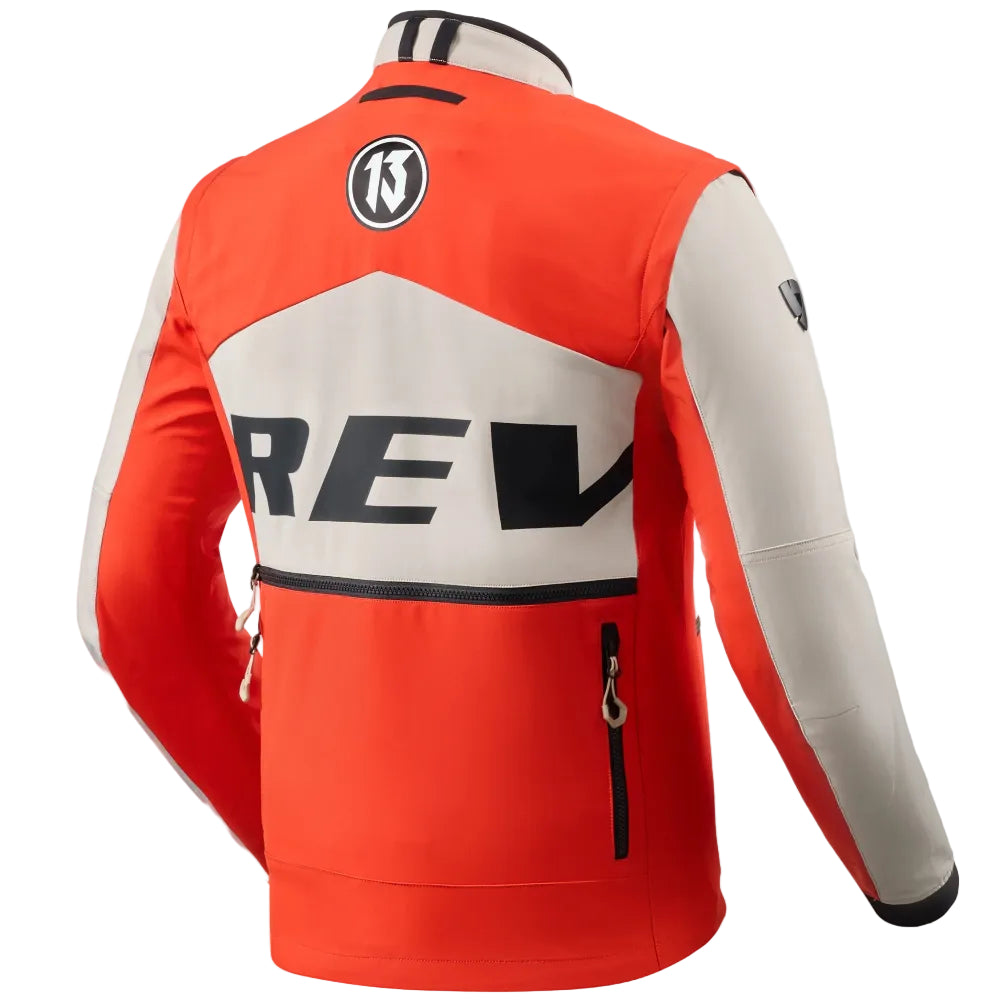 Orange and white jacket with visible branding on a light gray background