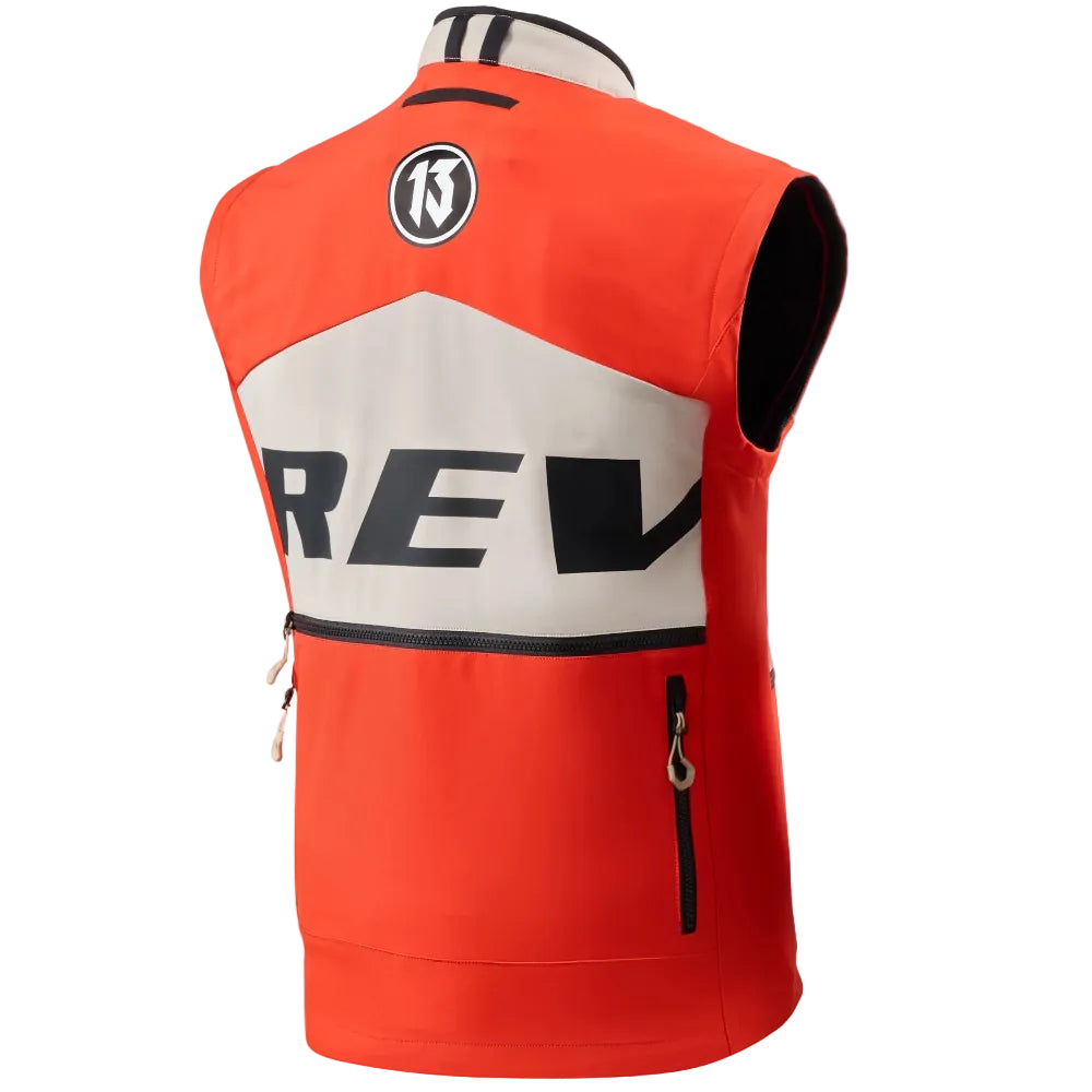 Orange and white vest with a logo on a white background