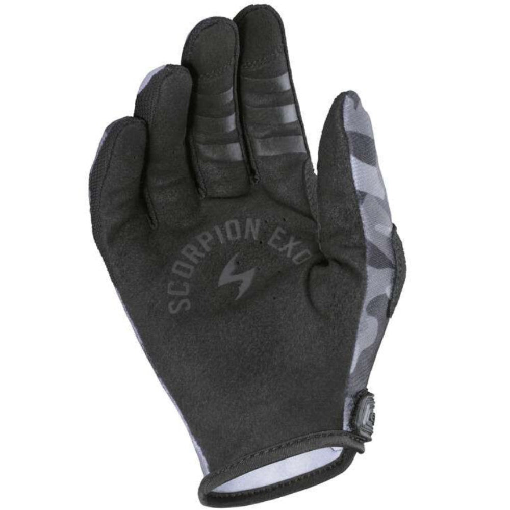 A single black Scorpion Exosuit glove with gray textured grip panels on the fingers and back, featuring the embossed Scorpion Exosuit branding and logo on the back, set against a plain white background.