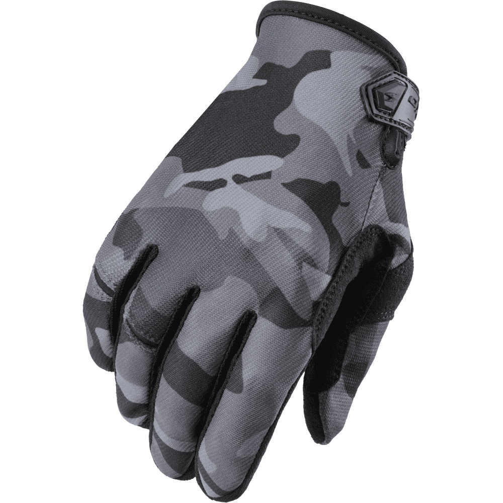 A single gray and black camouflage riding glove shown from the back, featuring a black wrist strap with a small black logo tab, set against a plain white background.