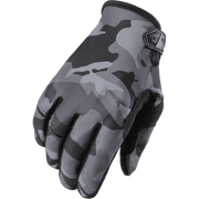 A single gray and black camouflage riding glove shown from the back, featuring a black wrist strap with a small black logo tab, set against a plain white background.