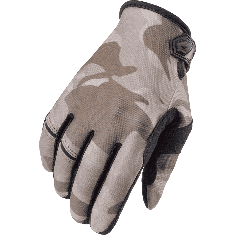 A single camouflage tactical glove shown from the back, featuring a light gray and beige camo pattern with black trim and a black hook-and-loop strap closure on the back of the hand.