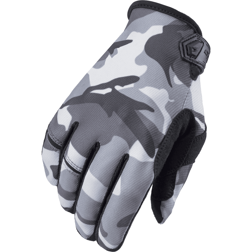 A single gray and white camouflage motocross glove with black accents on the palm and wrist strap, shown against a plain white background.