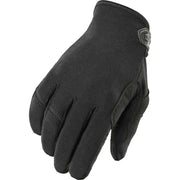 A single black glove with black trim, finger seams, and a small black logo patch on the wrist, shown on a plain white background.