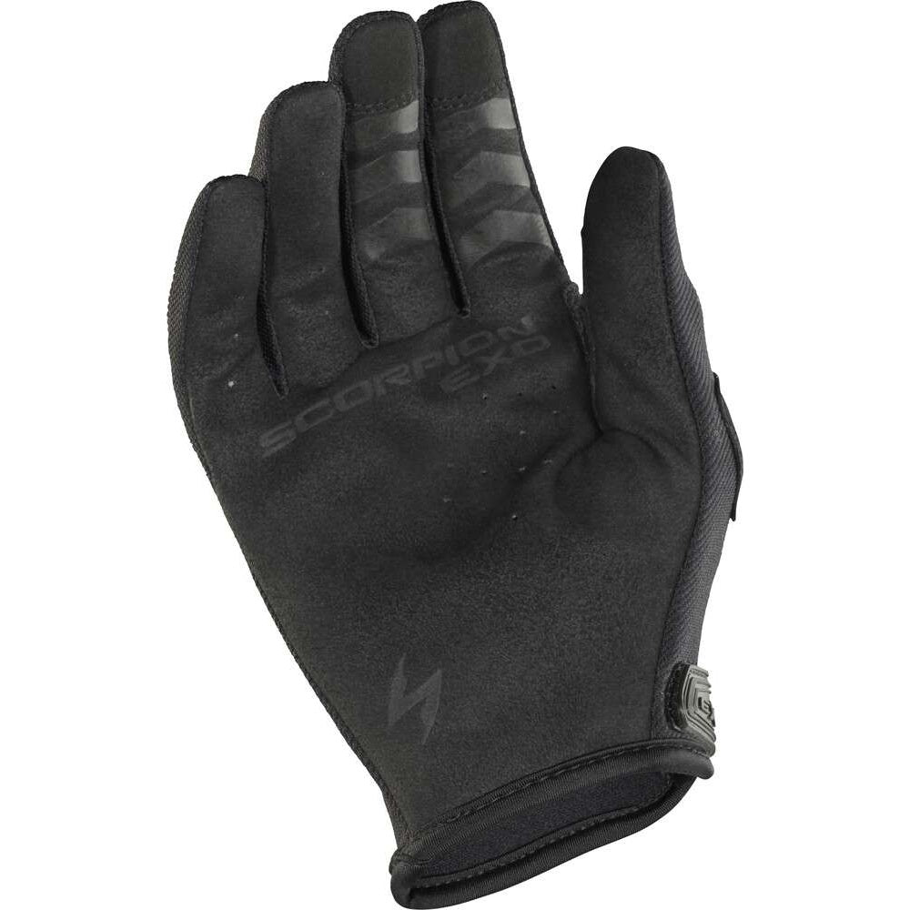 A single black Scorpion EXD glove shown from the back, featuring textured grip panels on the fingers and a subtle Scorpion logo near the wrist, set against a plain white background.