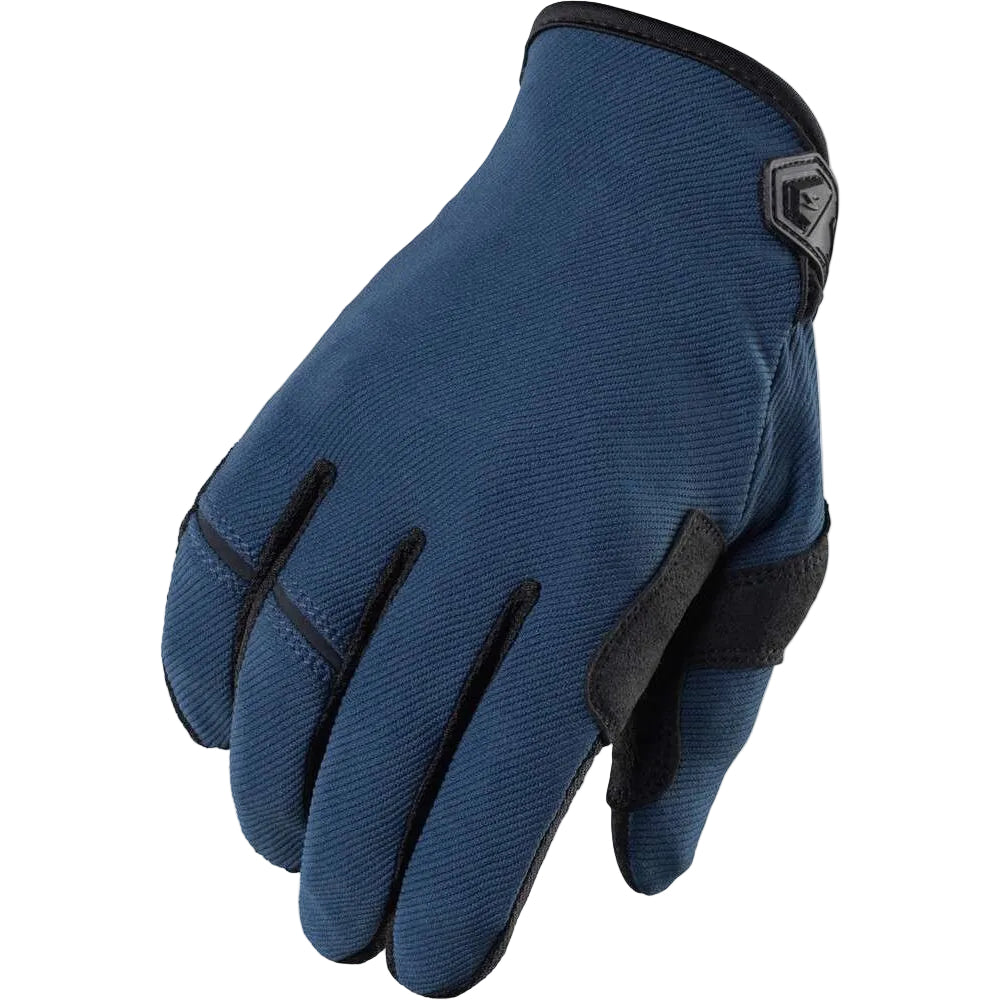 A single blue glove with black trim, finger seams, and a small black logo patch on the wrist, shown on a plain white background.