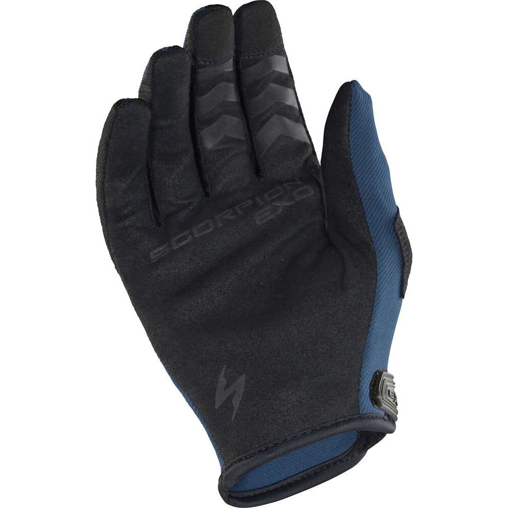 A single black and blue Scorpion EXO glove shown from the back, featuring textured grip panels on the fingers and a blue mesh side panel, on a solid white background.