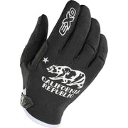 A black textured protective glove with white graphics, featuring the California Republic griffin logo and 'CALIFORNIA REPUBLIC' text on the back of the hand, along with an EXO logo on the index finger, set against a plain white background.