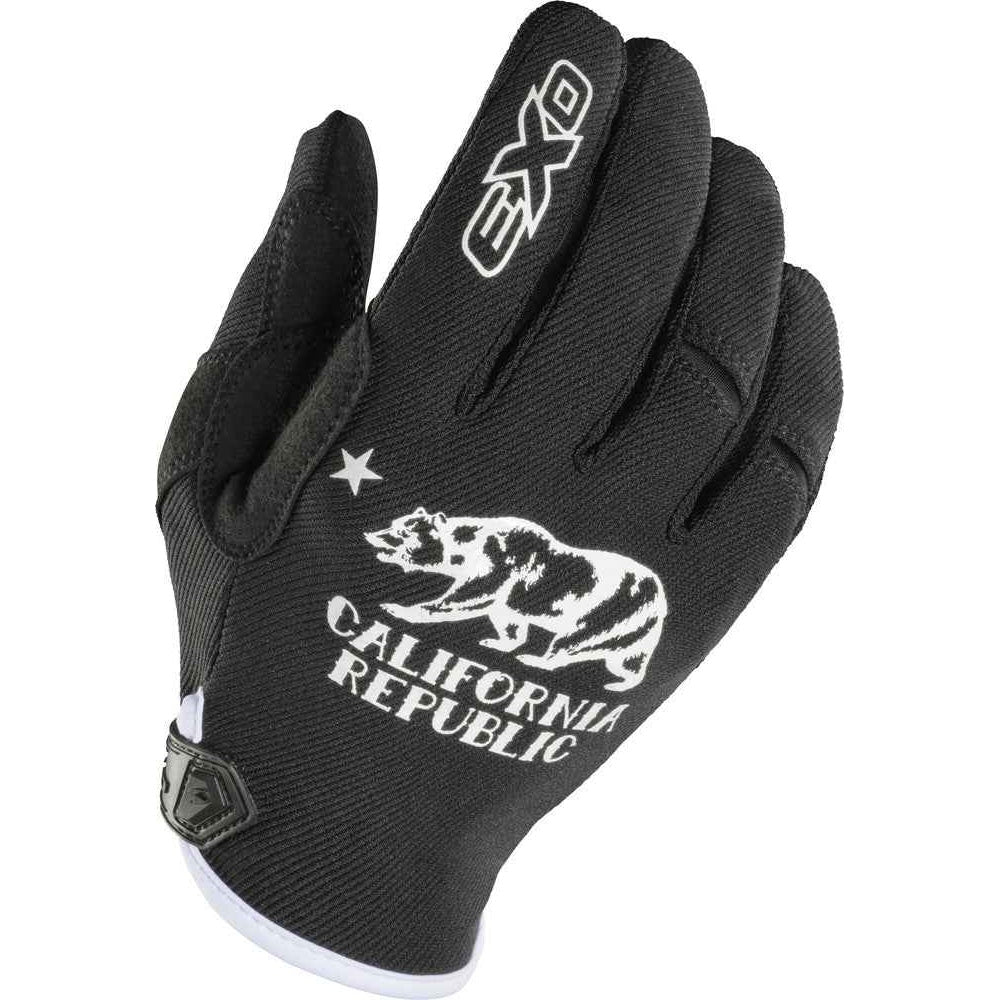 A black textured protective glove with white graphics, featuring the California Republic griffin logo and 'CALIFORNIA REPUBLIC' text on the back of the hand, along with an EXO logo on the index finger, set against a plain white background.