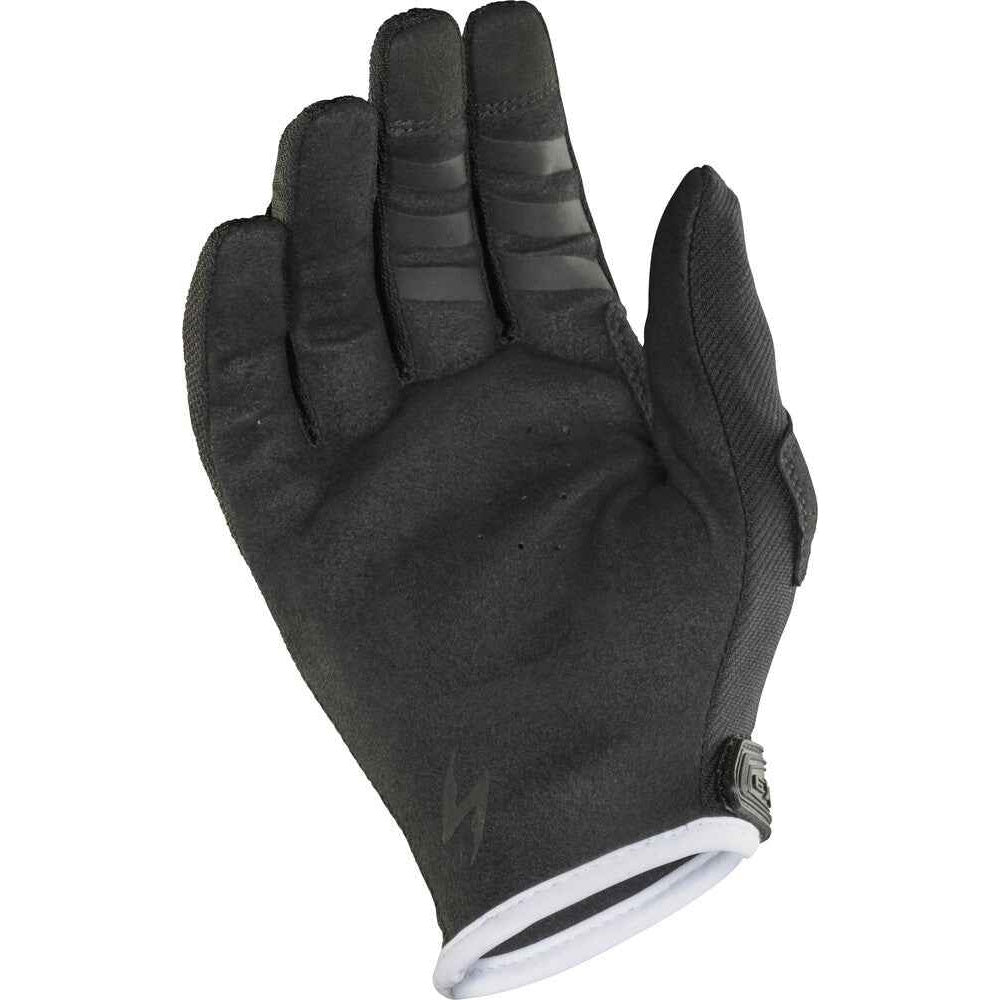 A single black full-finger glove with textured grip panels on the fingers and a white cuff, shown against a plain white background.