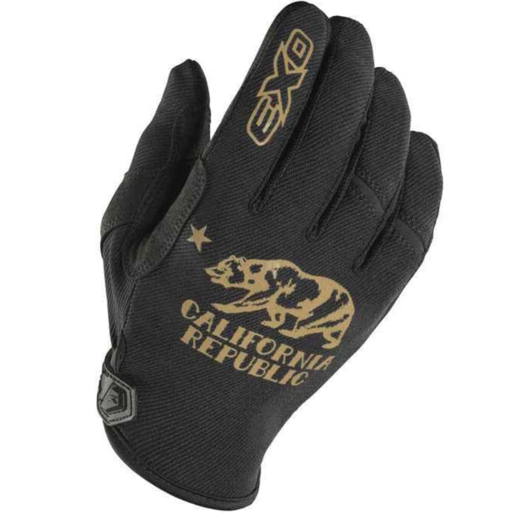 A single black work glove with gold printed graphics, including the California Republic flag design and the Exo brand logo, shown against a plain white background.