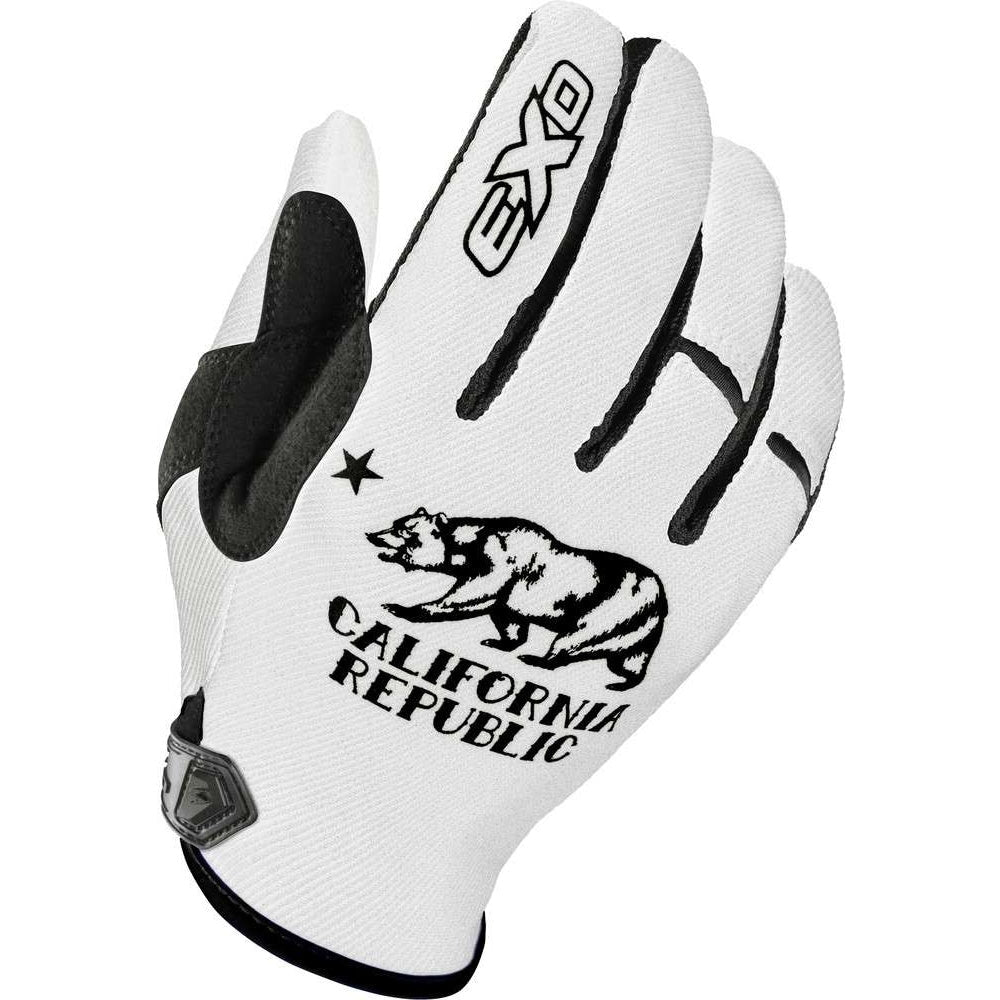 A white and black protective riding glove featuring the 'California Republic' griffin logo and 'FOX' branding on the back of the hand, shown against a plain white background.
