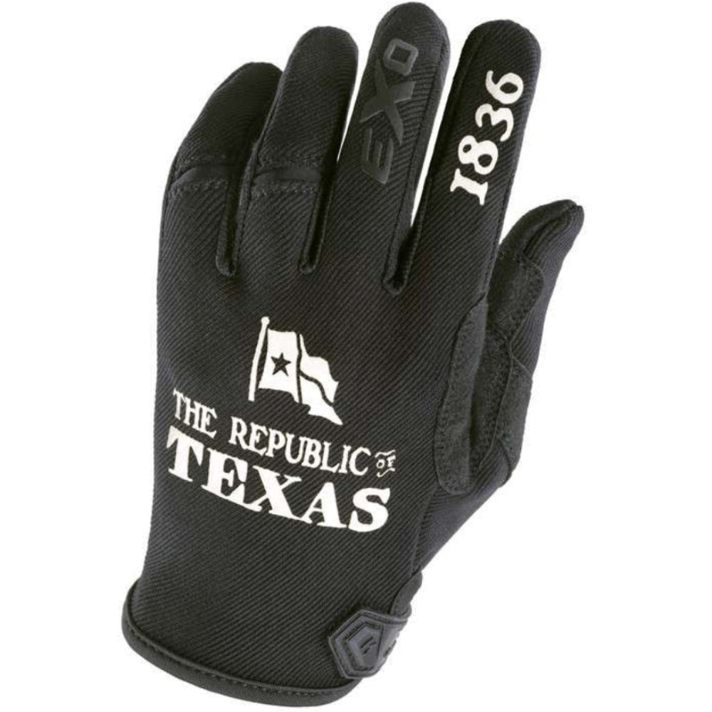 A single black tactical glove with white printed graphics, including 'THE REPUBLIC TEXAS' and '1836' on the fingers, shown against a plain white background.