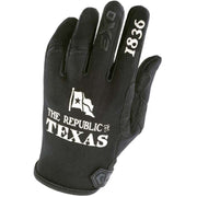 A single black tactical glove with white printed graphics, including 'THE REPUBLIC TEXAS' and '1836' on the fingers, shown against a plain white background.
