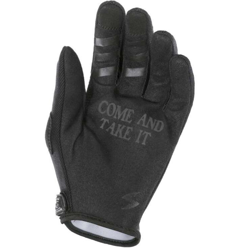A single black tactical glove with 'COME AND TAKE IT' printed in gray on the back of the hand, shown against a plain white background.