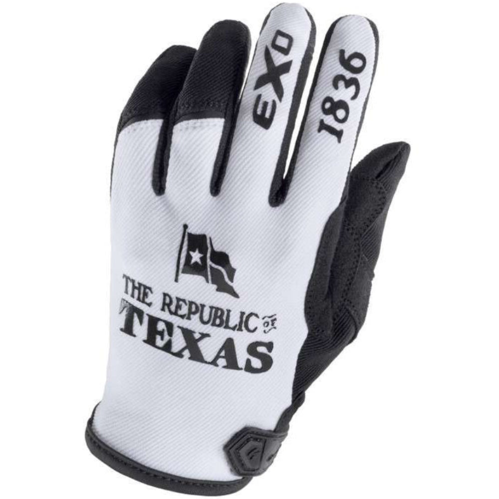 A single white and black motorcycle glove with 'TEXAS THE REPUBLIC' and 'EXO 1836' printed on the back, shown against a plain white background.