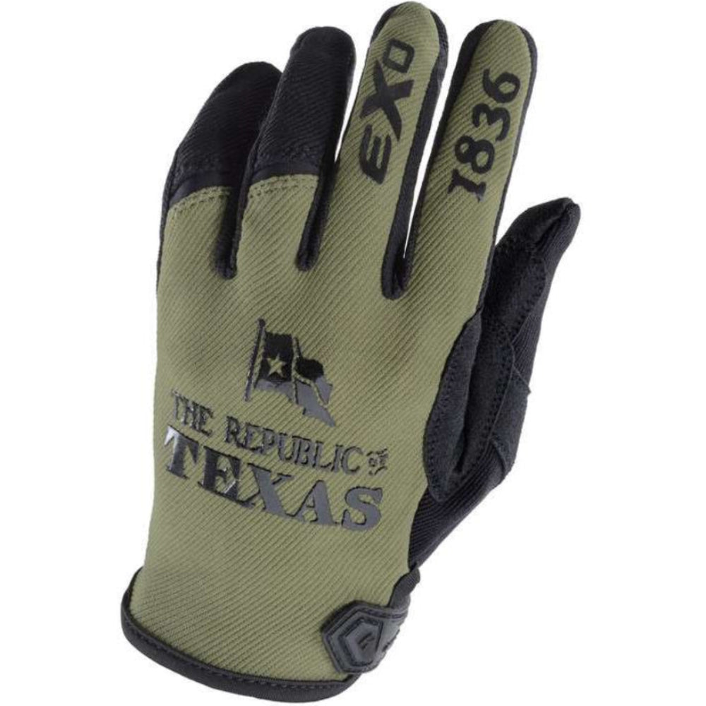 An olive green and black Work-Garment style work glove with 'TEXAS' and '1836' printed on the back of the hand, shown against a plain white background.