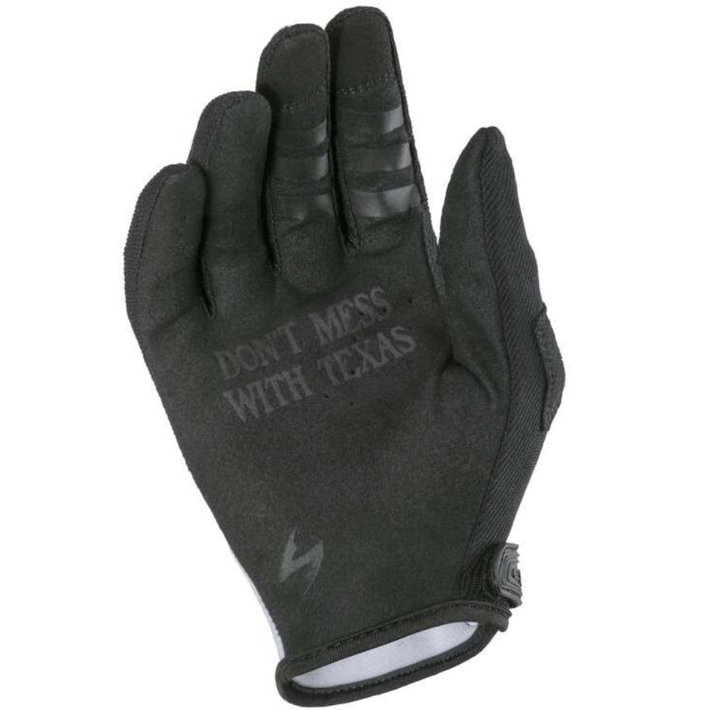 A single black tactical glove with 'DON'T MEAS WITH TEXAS' printed on the back of the hand, shown against a plain white background.