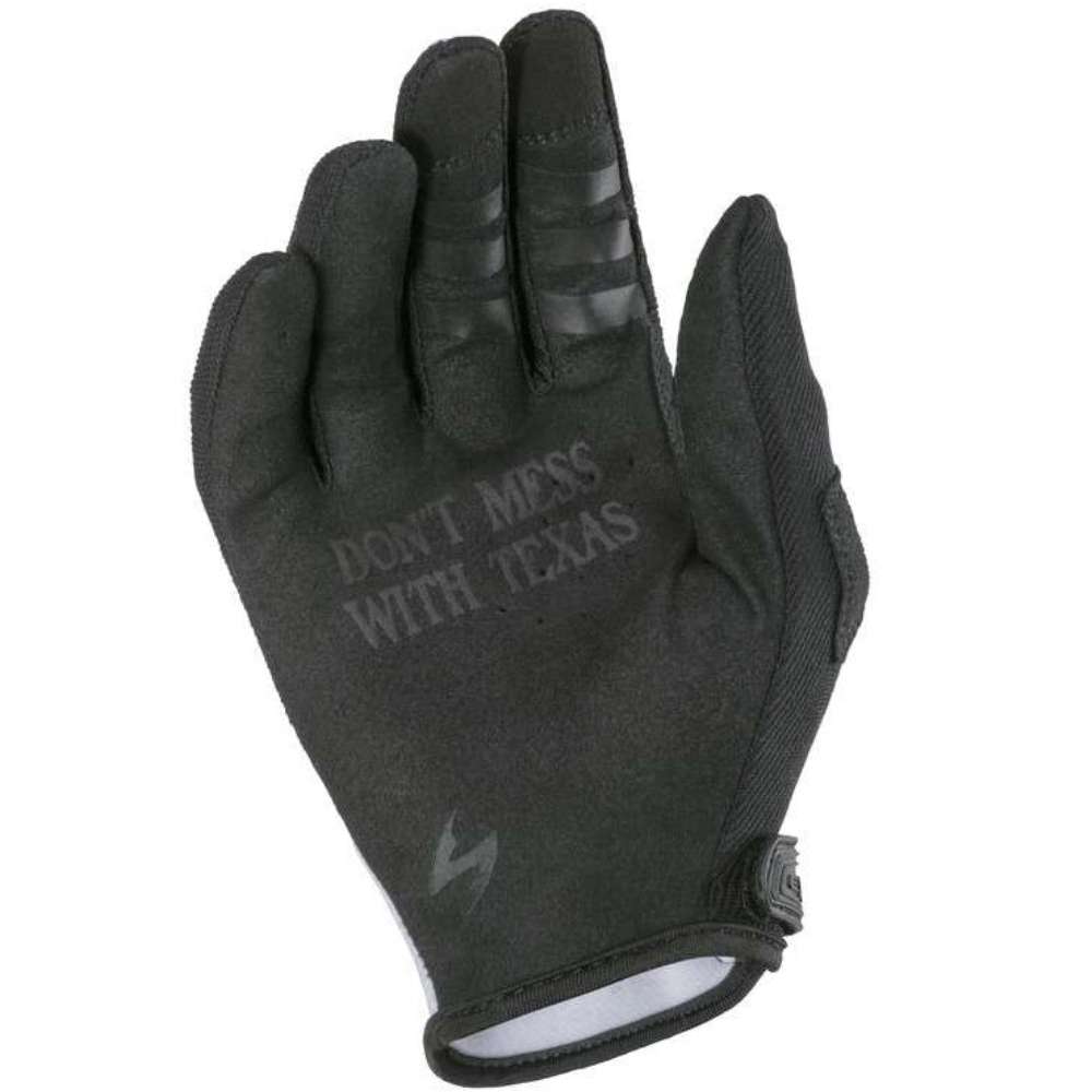 A single black tactical glove with 'DON'T MEAS WITH TEXAS' printed on the back of the hand, shown against a plain white background.