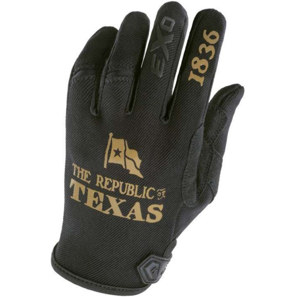 A single black work glove with gold printed text reading 'TEXAS REPUBLIC' and '1836' on the back of the hand, shown against a plain white background.
