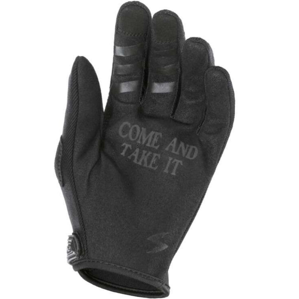 A single black tactical glove shown from the back, featuring 'COME AND TAKE IT' printed in gray on the back of the hand, with gray grip strips on the fingers, set against a plain white background.