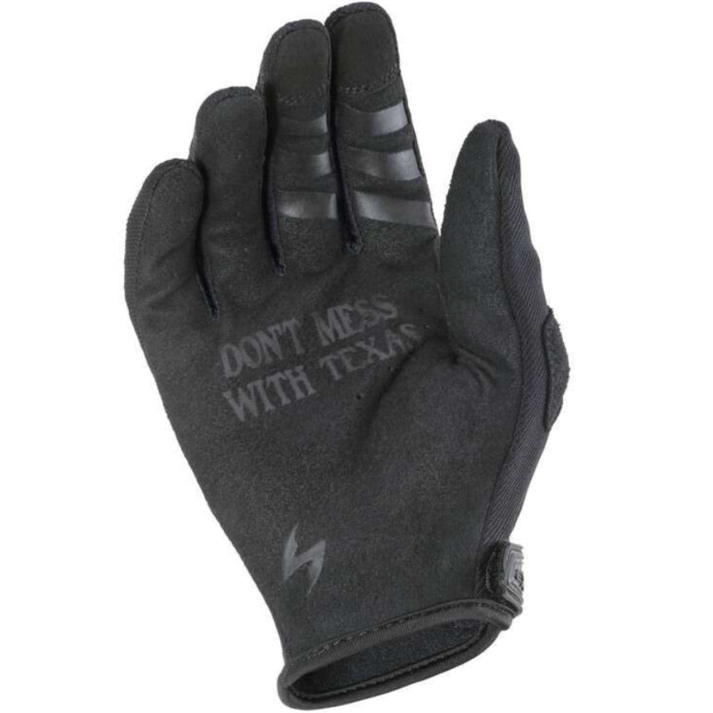 A single black tactical glove with gray text reading 'DON'T MESS WITH TEXAS' and a gray lightning bolt logo on the back of the hand, shown against a plain white background.