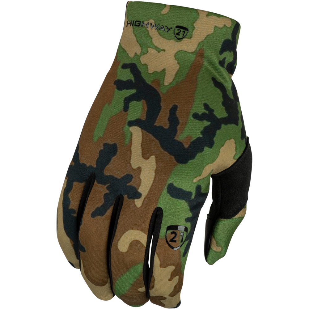 Camouflage glove with black accents on a white background