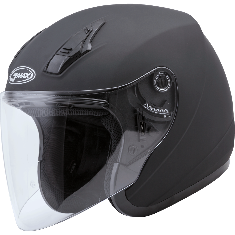Black motorcycle helmet with clear visor on a white background
