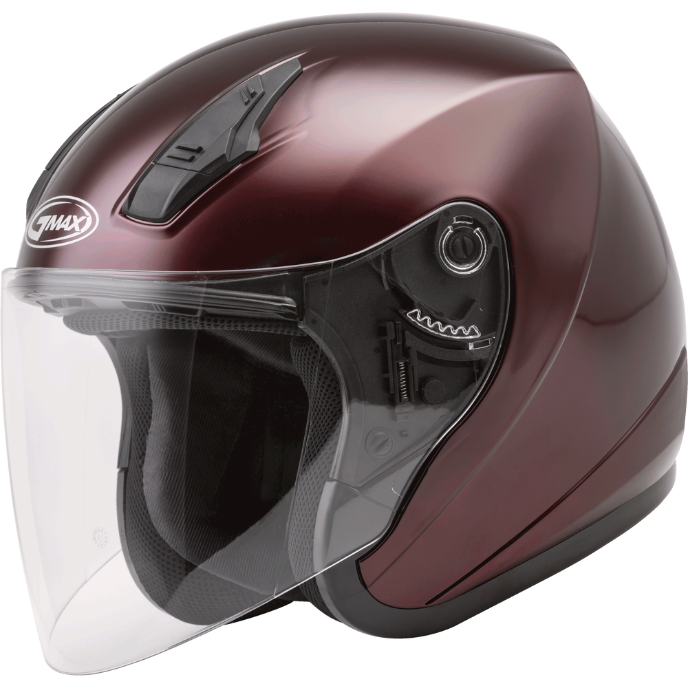 Maroon motorcycle helmet with clear visor on a white background