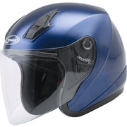 Blue helmet with clear visor on a white background
