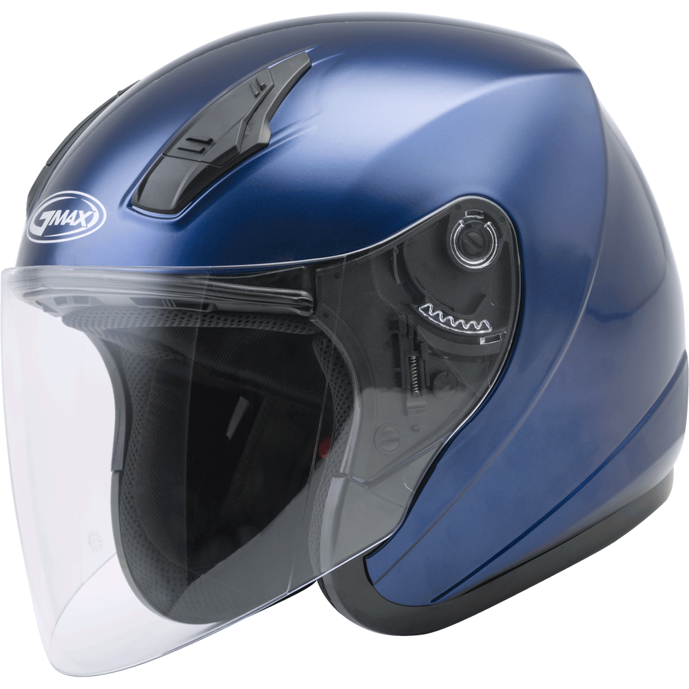 Blue helmet with clear visor on a white background