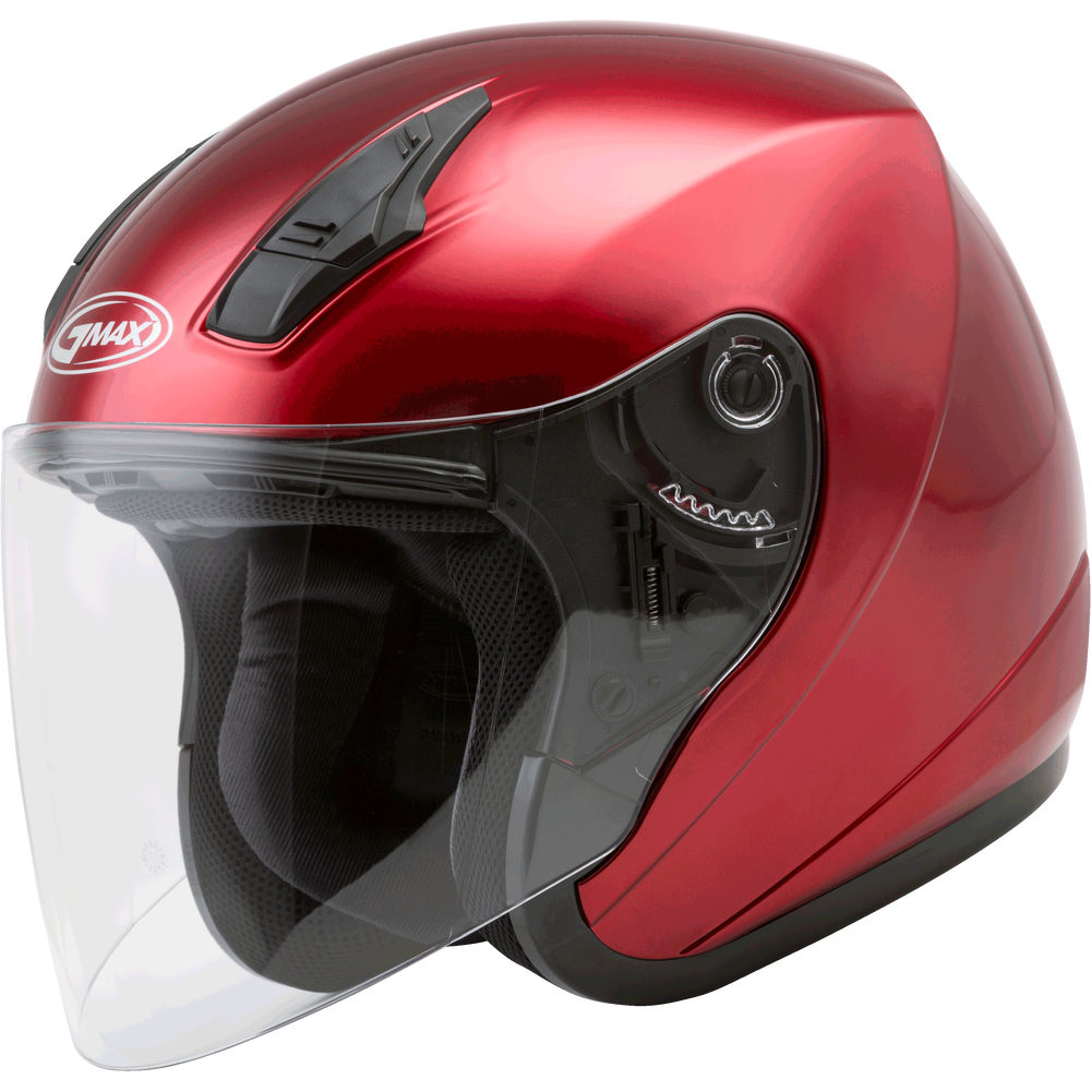 Red helmet with clear visor on a white background