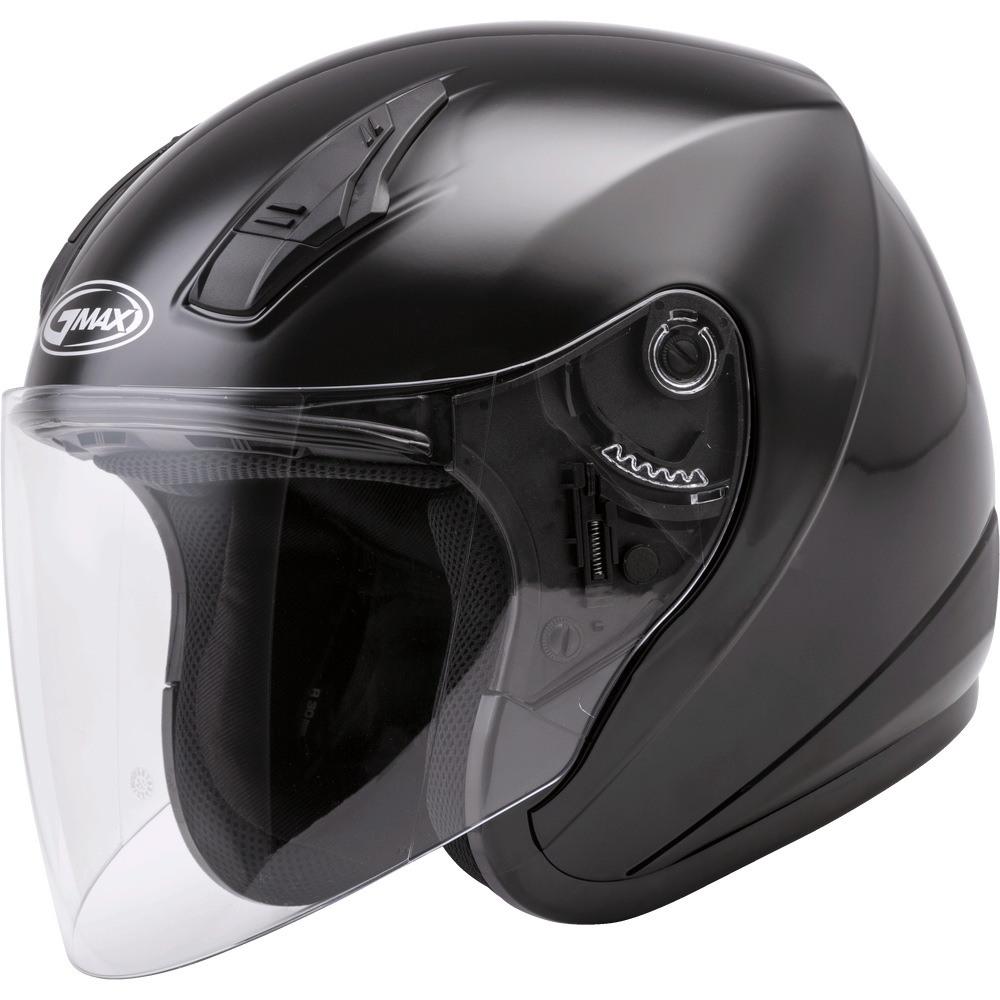 Black motorcycle helmet with clear visor on a white background