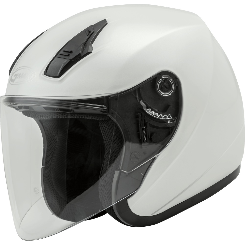 White motorcycle helmet with clear visor on a white background