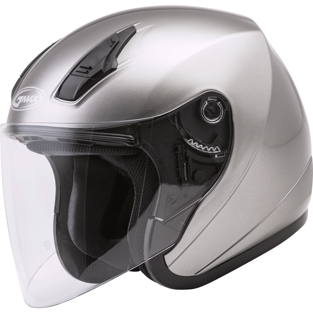 Silver motorcycle helmet with clear visor on a white background