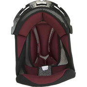 Close-up of a maroon and black helmet interior on a white background