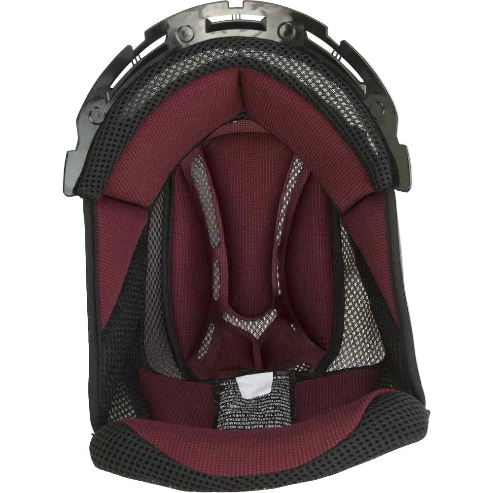 Close-up of a maroon and black helmet interior on a white background