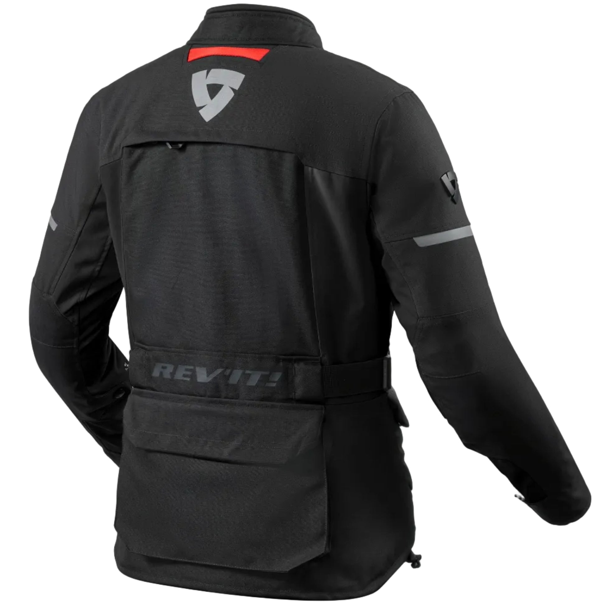 Black motorcycle jacket with visible branding on a white background