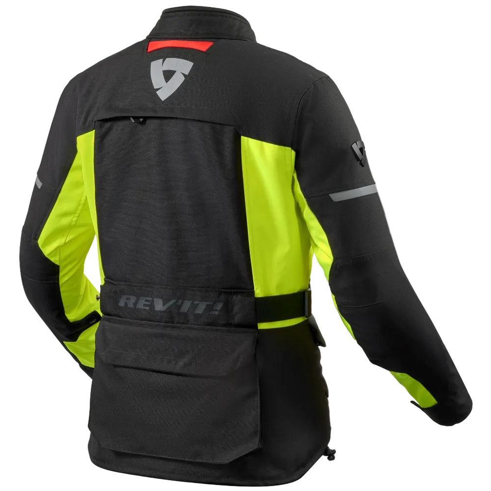 Black and neon green jacket with Rev'it logo on a white background