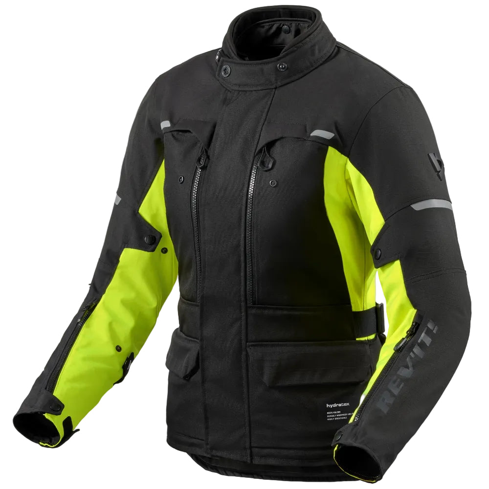 Black motorcycle jacket with green accents on a white background