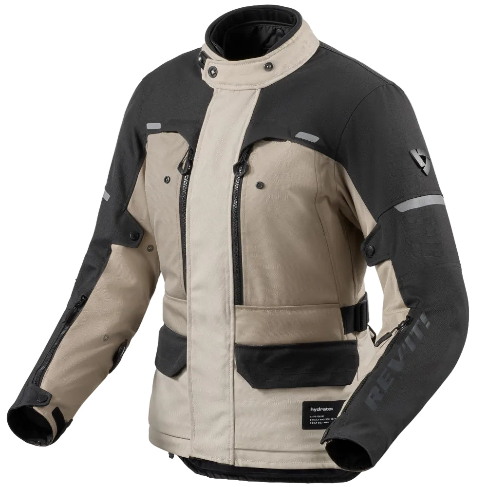 Black and beige motorcycle jacket on a white background